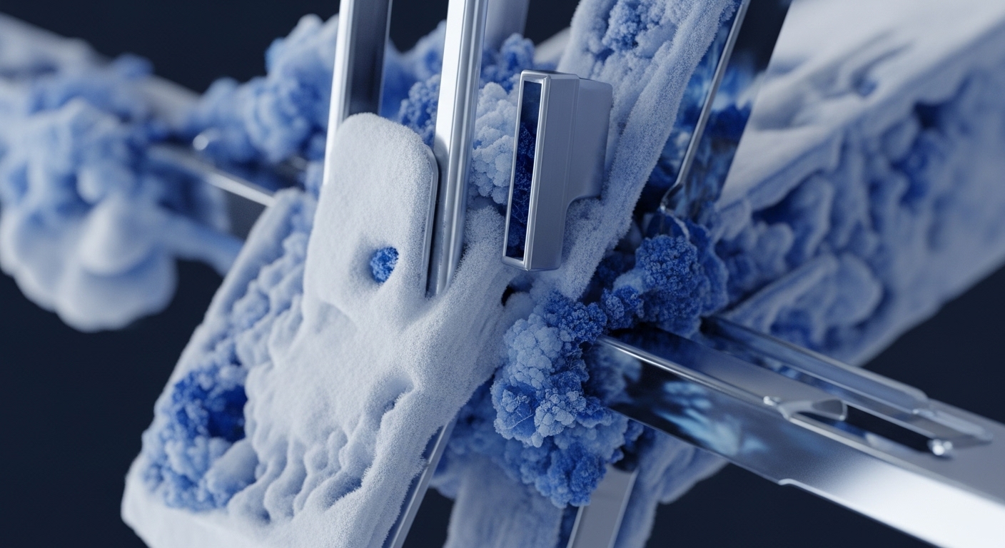 An intricate abstract structure showcases sleek metallic components as network conduits, interwoven with granular white and vibrant blue crystalline formations. The blue formations, representing on-chain data crystallization, emerge from a powdery substrate, symbolizing raw transaction inputs. This visual metaphor depicts modular blockchain architecture, illustrating complex block finalization and distributed ledger technology. The interplay highlights cryptographic primitive integration within a decentralized network, emphasizing data propagation, consensus mechanisms, and shard interconnection.