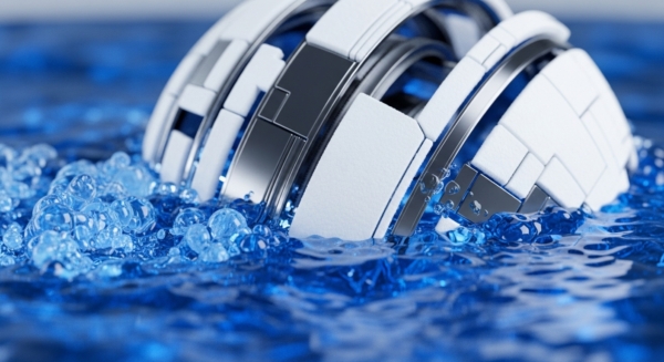 A modular, segmented white and polished silver mechanism partially submerges into a vibrant blue liquid, generating transparent bubbles and dynamic surface ripples. This represents a sophisticated blockchain architecture or decentralized autonomous organization DAO protocol integrating into a liquidity pool within the decentralized finance DeFi ecosystem. The fluid environment signifies market volatility and continuous transaction throughput, with bubbles denoting gas fees or oracle data streams. Structured components suggest intricate smart contract logic and tokenomics, emphasizing on-chain governance and digital asset flow across a distributed ledger technology DLT.