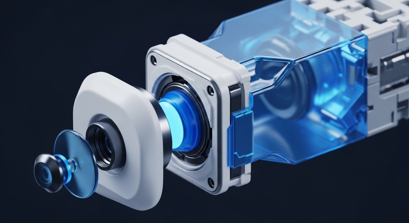 A sophisticated, disassembled technological component is showcased, featuring a prominent, glowing blue translucent lens-like element and intricate white and metallic modular structures. The design emphasizes precision and advanced engineering, with various parts detached to reveal their internal workings