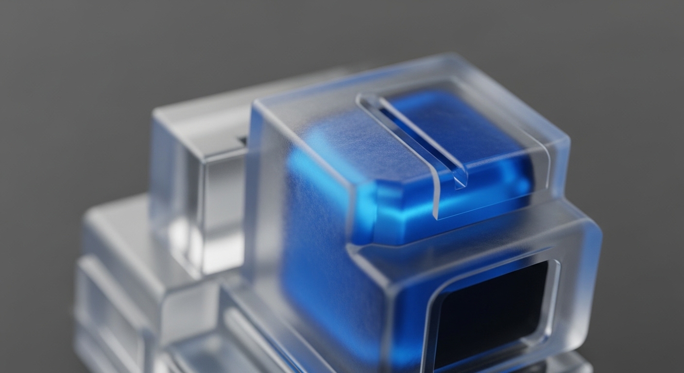 A translucent, frosted modular component encases a vibrant, glowing blue core, symbolizing a blockchain data block. This visual metaphor represents the secure encapsulation of on-chain data within a distributed ledger technology framework. The intricate grooves on the outer casing suggest cryptographic hashing and data integrity mechanisms, crucial for network security. The illuminated blue element signifies active smart contract execution or a tokenized asset within a decentralized network node, highlighting the core functionality of a protocol layer maintaining transaction immutability.