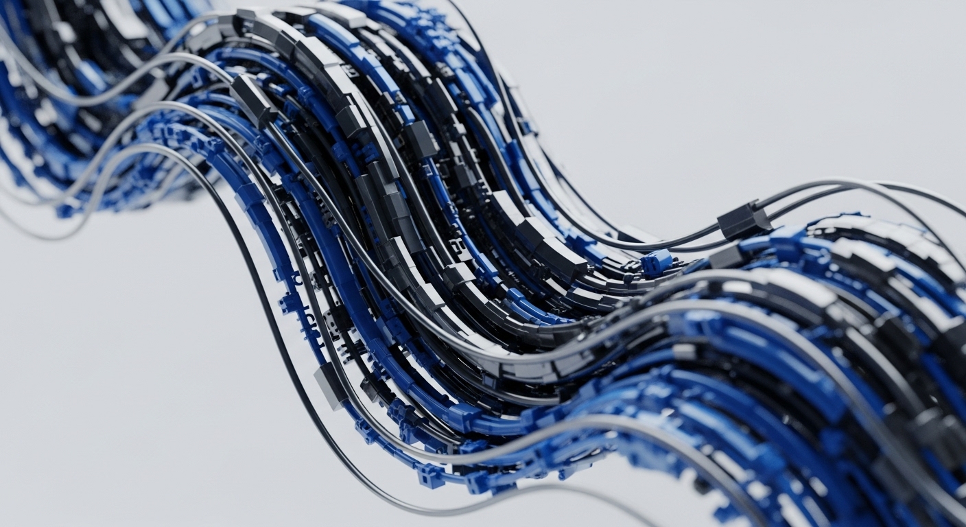 A dynamic, undulating conduit of interconnected blue and black segments forms a complex, interwoven pathway against a stark white background. Thin, lighter grey cables traverse and bind these primary structures, emphasizing intricate connectivity