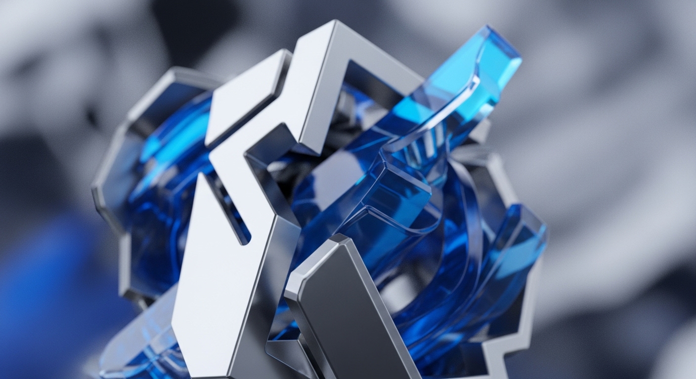 An intricate abstract sculpture is composed of interlocking metallic and translucent blue geometric shapes. The polished silver-grey forms create a sturdy framework, while the vibrant blue elements appear to flow and refract light within this structure