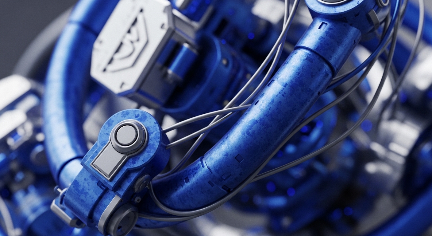 The image features a close-up of interconnected metallic components, primarily in a vibrant, textured blue and polished silver. Thin gray wires crisscross between the modules, suggesting complex internal wiring and data transfer pathways crucial for high-speed data integrity