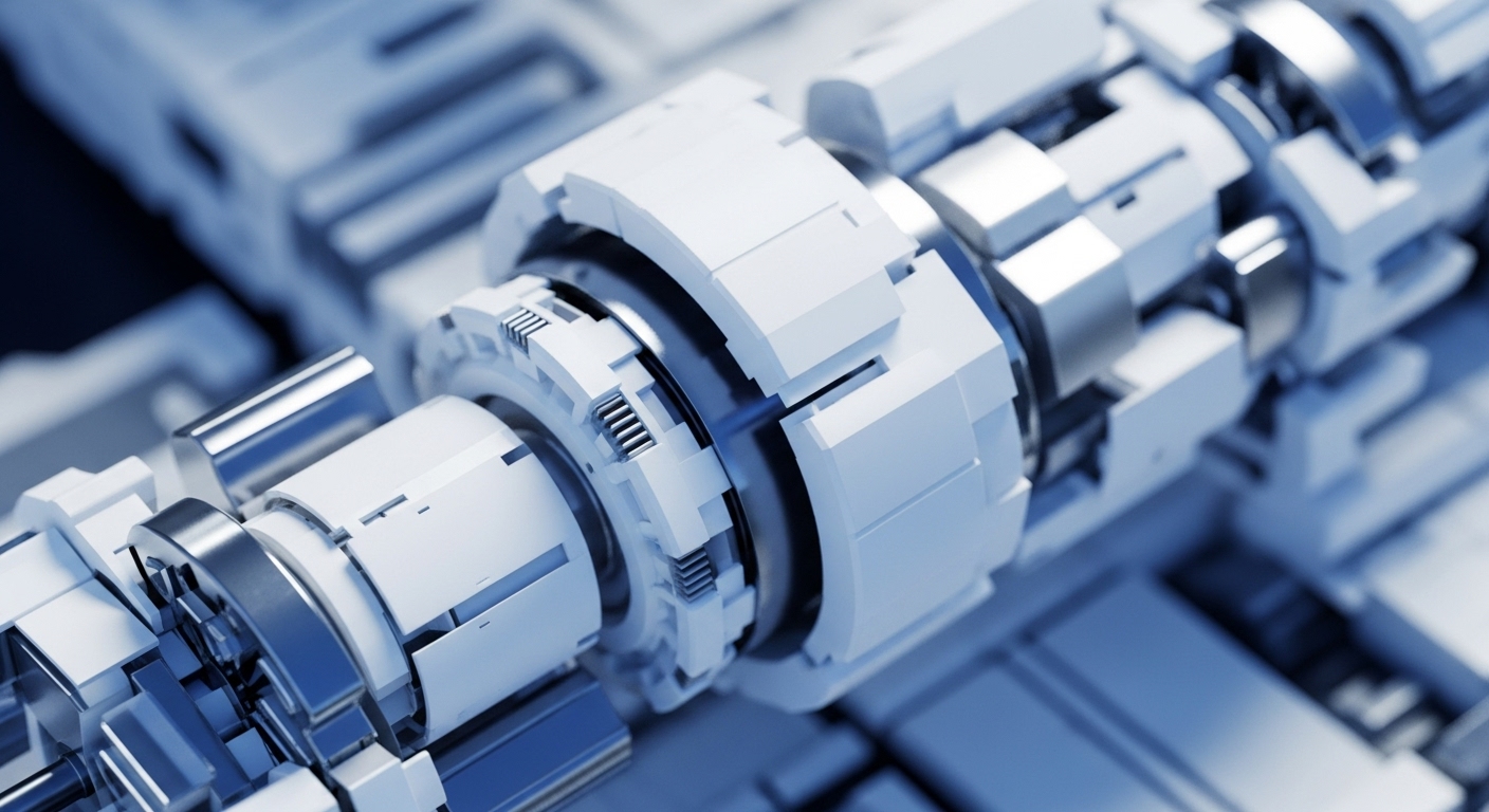 The image presents a detailed close-up of a sophisticated, linear mechanical assembly, featuring interlocking white, grey, and polished metallic components. These precisely engineered parts form a sequential system, suggesting advanced automated processes within a high-tech environment