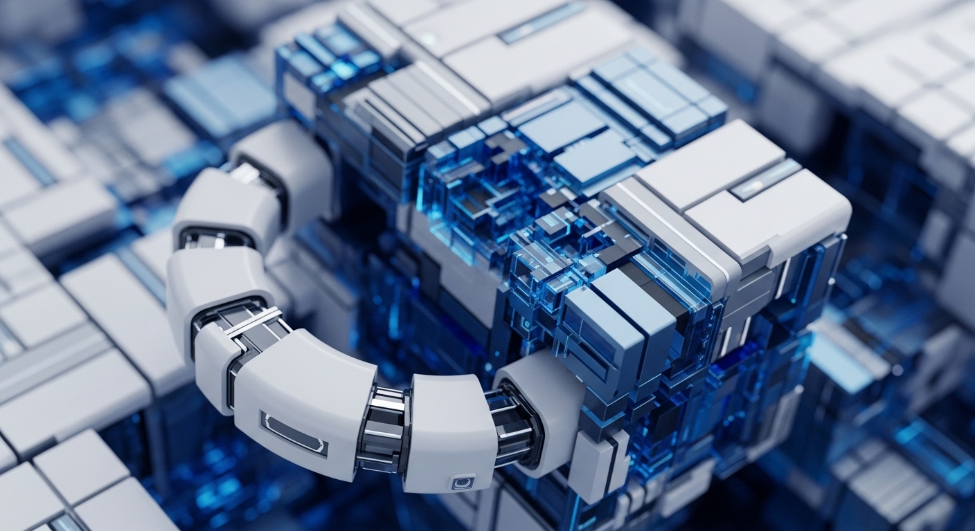 The image presents a detailed, abstract view of interconnected, futuristic modular components. A prominent central block with transparent blue sections and white panels is linked by a flexible, segmented arm to surrounding similar structures