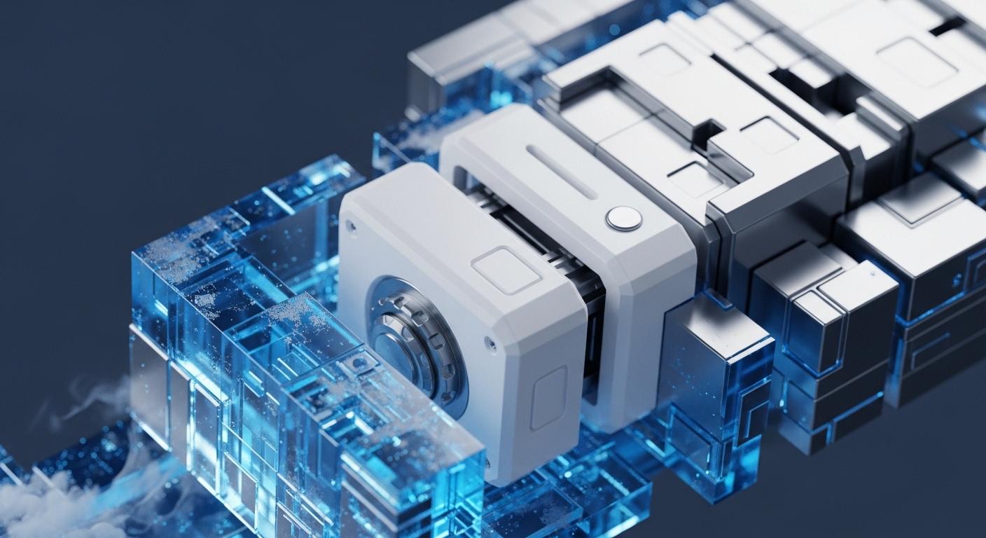 A sophisticated, modular infrastructure showcases interconnected components. Translucent blue blocks, illuminated with internal circuitry and data streams, represent distributed ledger technology and network nodes facilitating on-chain data processing. These elements integrate seamlessly with robust metallic structures, forming a resilient blockchain scalability framework. Central white hardware security modules, one featuring a lens-like sensor, suggest secure oracle integration or cryptographic primitives for decentralized application execution. Wisps of digital vapor symbolize dynamic cross-chain communication and data immutability within this advanced protocol architecture, underpinning secure digital asset transactions.