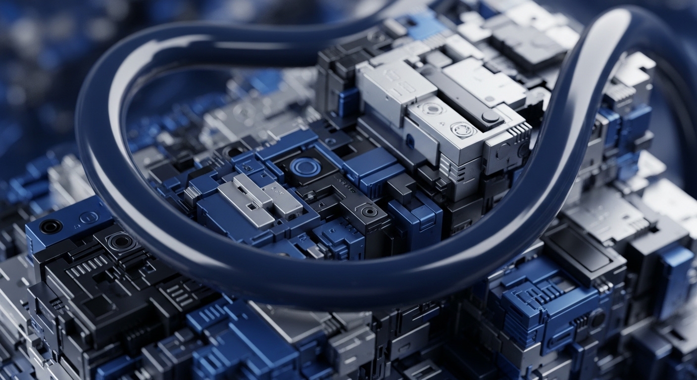 The image displays a detailed, close-up view of a complex, three-dimensional structure composed of interlocking metallic blocks in shades of blue, silver, and black. A prominent, reflective dark blue tube-like element gracefully traverses and loops above this intricate assembly, creating a sense of dynamic flow and connection