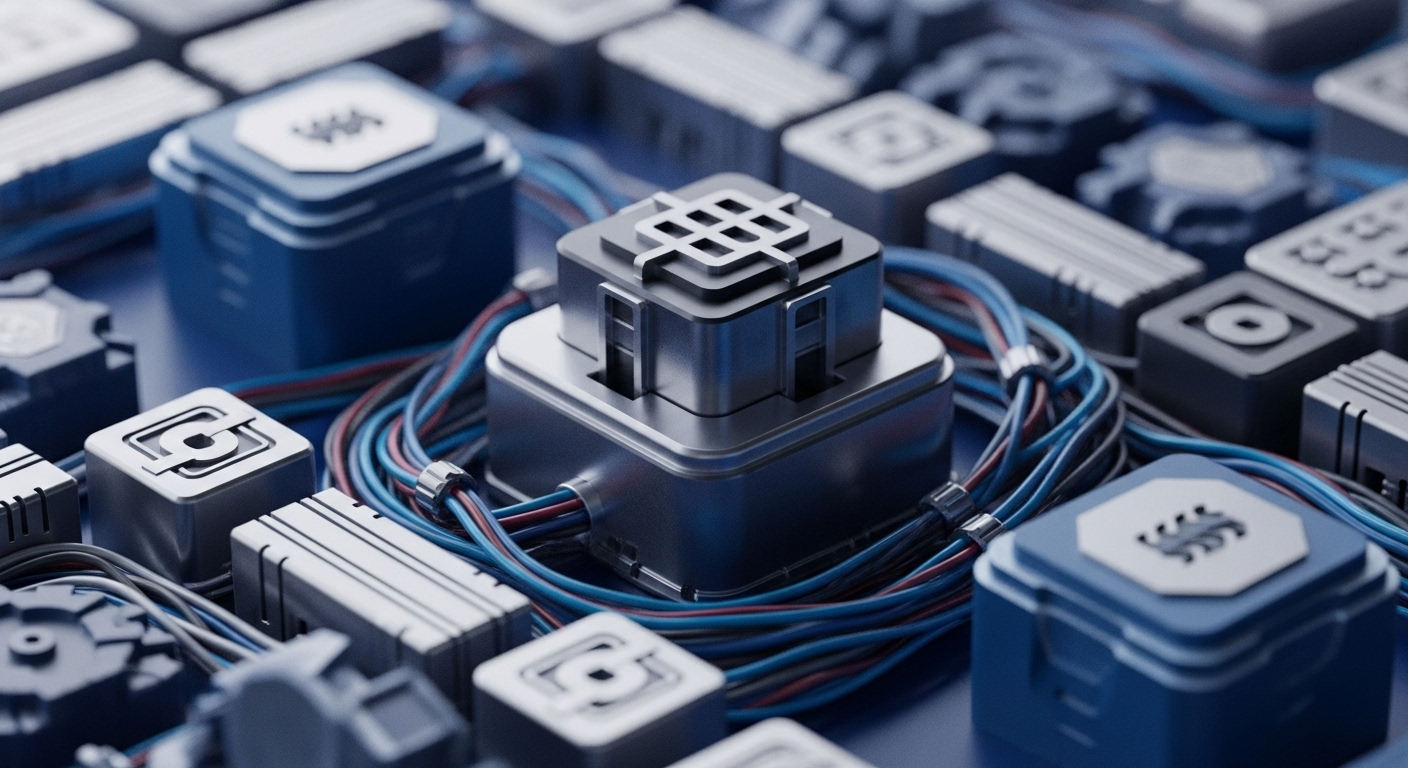 A close-up view reveals a complex modular blockchain infrastructure, featuring interconnected metallic and blue components. A central, prominent module, possibly representing a validator node or core processor, is surrounded by smaller units. These modules, signifying various network nodes or sharded components, are linked by intricate blue, red, and black wires, illustrating robust data flow and transaction pathways. The design emphasizes a decentralized network topology, highlighting protocol interoperability and cryptographic hash functions ensuring data integrity across the distributed ledger. This visual metaphor depicts advanced consensus mechanism operations and efficient transaction throughput within a scalable Web3 environment.