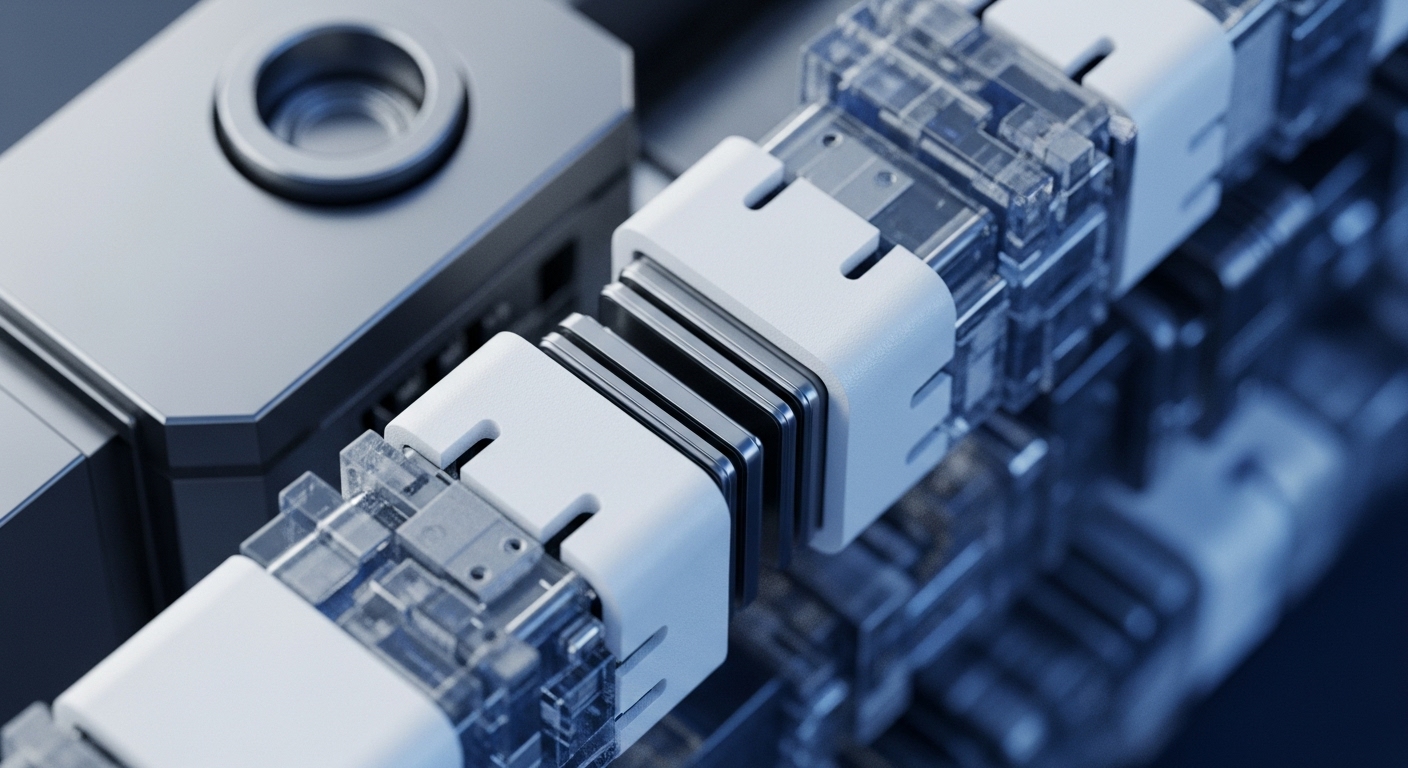 The image displays a detailed perspective of modular electronic connectors, featuring transparent segments revealing internal components, seamlessly joined by opaque white housing units. These interconnected modules are part of a sophisticated hardware system
