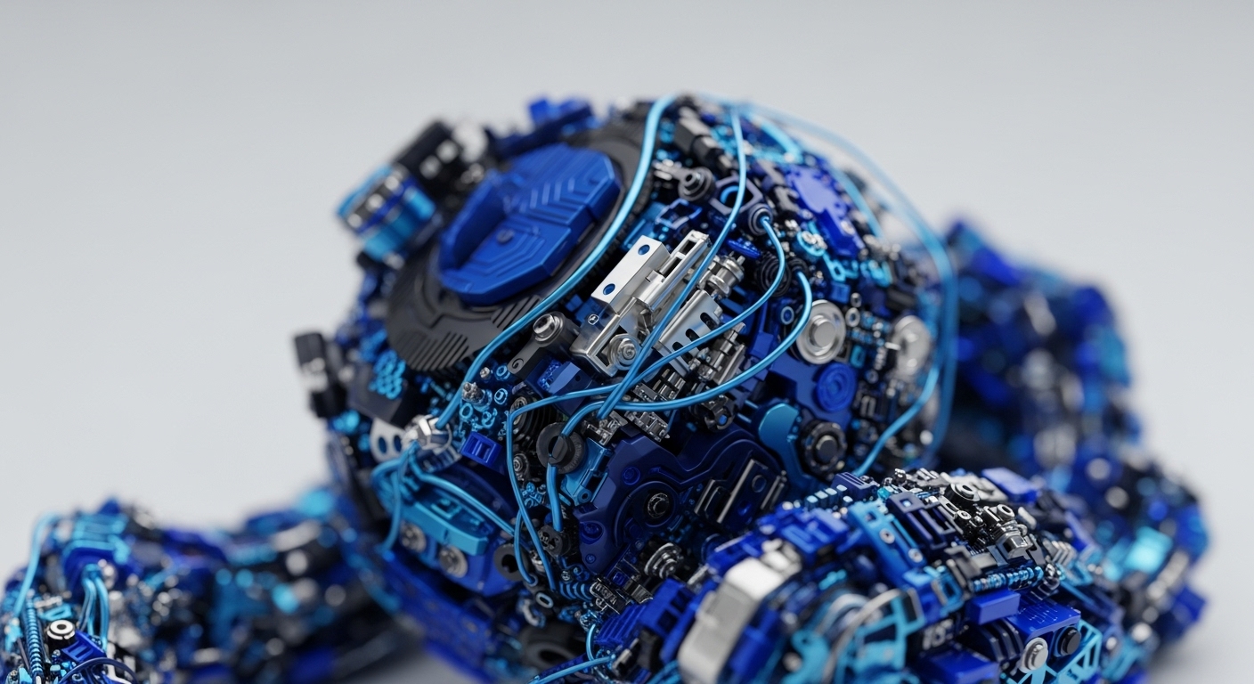 A detailed, close-up view reveals a sophisticated mechanical structure composed of numerous interlocking components in varying shades of blue, silver, and black. Wires and metallic plates interconnect, forming an intricate, robotic-like entity against a soft, light background