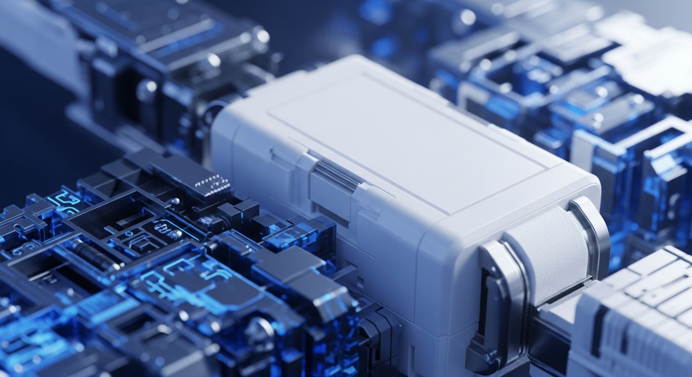A futuristic, high-tech abstract system features a prominent white central processing unit surrounded by intricate dark metallic structures and glowing electric blue circuitry. The detailed components are interconnected, suggesting a complex data flow within a sophisticated digital environment