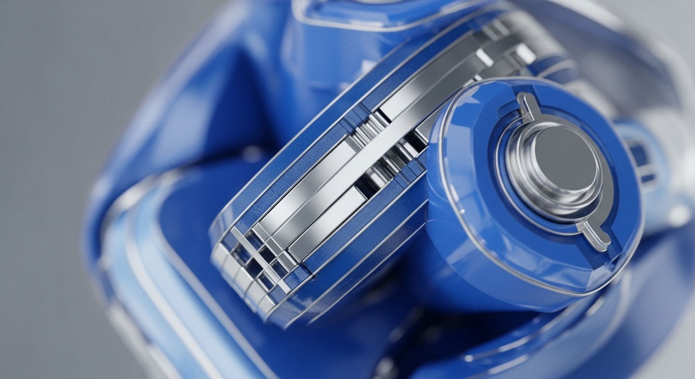 The image presents a macro view of a complex, futuristic mechanical assembly, featuring highly reflective blue and polished silver elements. Its precise, interlocking structure highlights a central cylindrical component with slotted details, surrounded by angular and curved surfaces