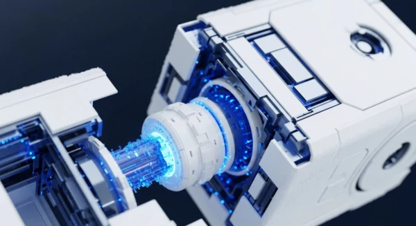 A white, futuristic modular device features two primary sections, partially separated, revealing intricate internal components glowing with vibrant blue light. A concentrated beam of blue data, reminiscent of a high-throughput data pipeline, connects the two parts, symbolizing cross-chain communication within a decentralized network. The exposed sharding architecture details suggest advanced Layer 2 scaling solutions facilitating rapid transaction finality. This visual emphasizes robust blockchain interoperability and the seamless flow of cryptographic data essential for smart contract execution across distinct distributed ledger technology protocols, ensuring data integrity and network scalability.