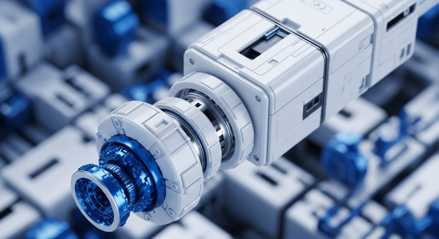 A highly detailed, futuristic mechanical assembly, predominantly white with striking blue metallic accents, extends from a complex, blurred background of interconnected modular components. The foreground features a sophisticated lens-like or sensor element, signifying data acquisition and precision. This design embodies intricate modular blockchain architecture, facilitating robust smart contract execution and reliable oracle integration. It visualizes a core validation node within a larger distributed ledger technology DLT network, crucial for advanced decentralized autonomous organization DAO functions and cryptographic proof.