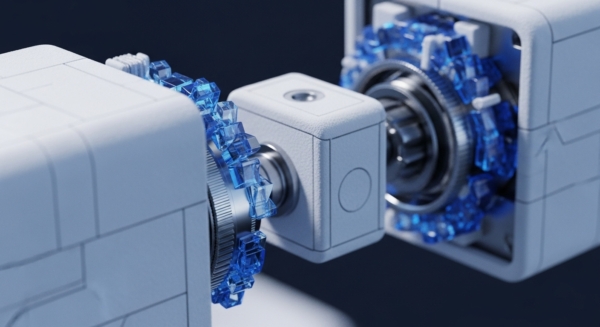 Two white, textured, modular components are shown connecting, revealing intricate internal mechanisms. A central cubic unit aligns with a larger block, while a similar mechanism is visible within another block. Both exposed interfaces feature metallic gears meshed with numerous translucent blue, crystalline-like cubic elements. This visual metaphor illustrates a modular blockchain architecture facilitating interoperability via a cross-chain bridge. The crystalline elements represent tokenized utility or digital assets processed by a decentralized consensus mechanism. This setup suggests network orchestration for scalable throughput and transaction finality within a distributed ledger technology ecosystem, vital for corporate crypto and dApp functionality.