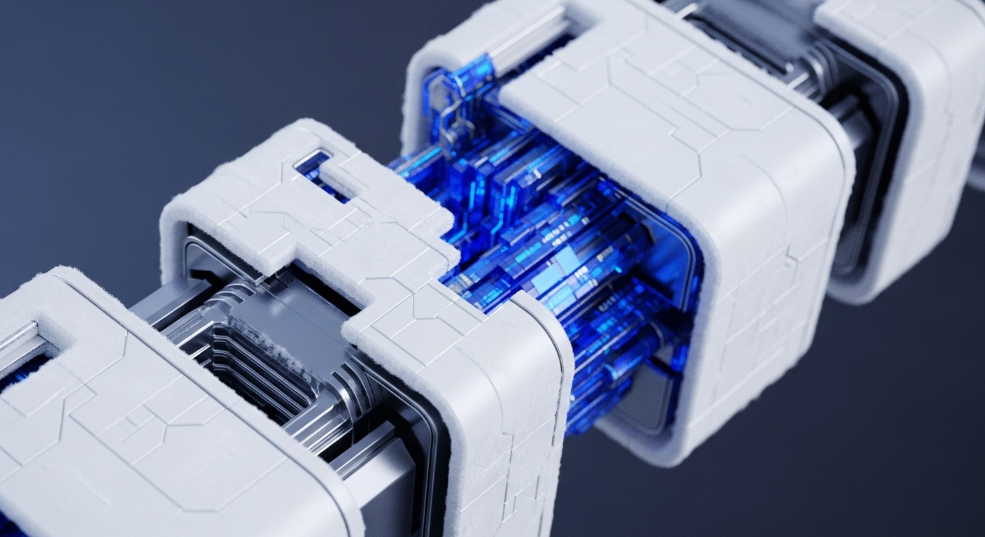 A series of interconnected white modular units are displayed, some revealing intricate glowing blue internal mechanisms. These futuristic components are linked linearly, suggesting a structured flow or connection within a complex system