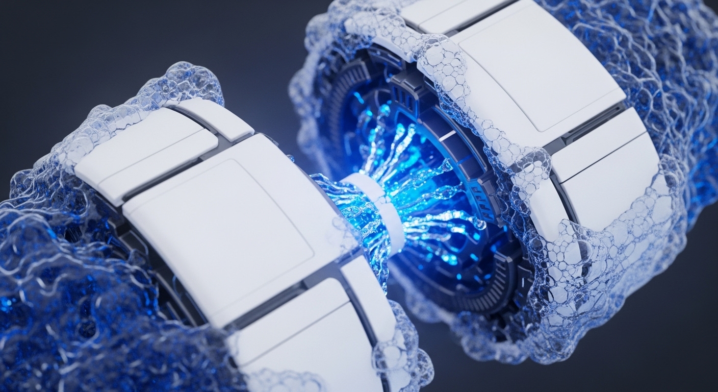 Two futuristic, white, segmented cylindrical structures are prominently featured, engaged in a dynamic connection. A bright, energetic blue stream emanates from the core of one structure and flows into the other, surrounded by a translucent, organic-looking blue cellular substance that partially encases both modules