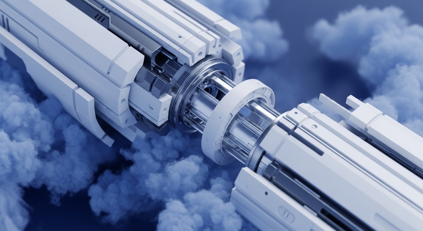 Two sleek, modular white and metallic cylindrical structures are shown in close proximity, appearing to connect or disconnect, surrounded by wisps of blue smoke or clouds. The intricate mechanical details suggest advanced technological processes occurring within a high-tech environment