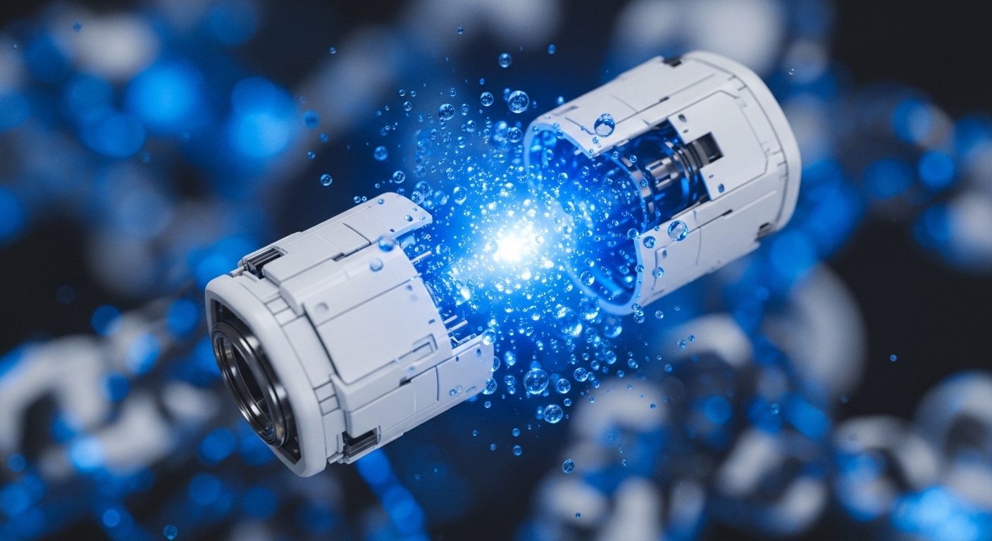 The image displays two advanced white cylindrical modules, slightly separated, with a bright blue energy discharge and numerous blue spheres erupting between them. The background features blurred blue chain-like structures