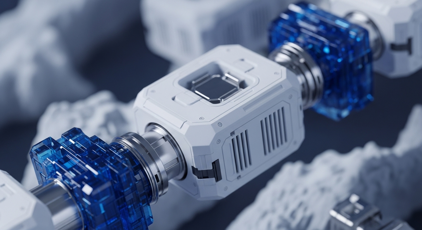 The image showcases a series of interconnected, futuristic mechanical components. A central white module with a metallic inset is prominently featured, linked by silver cylindrical connectors to translucent blue, crystalline-like blocks