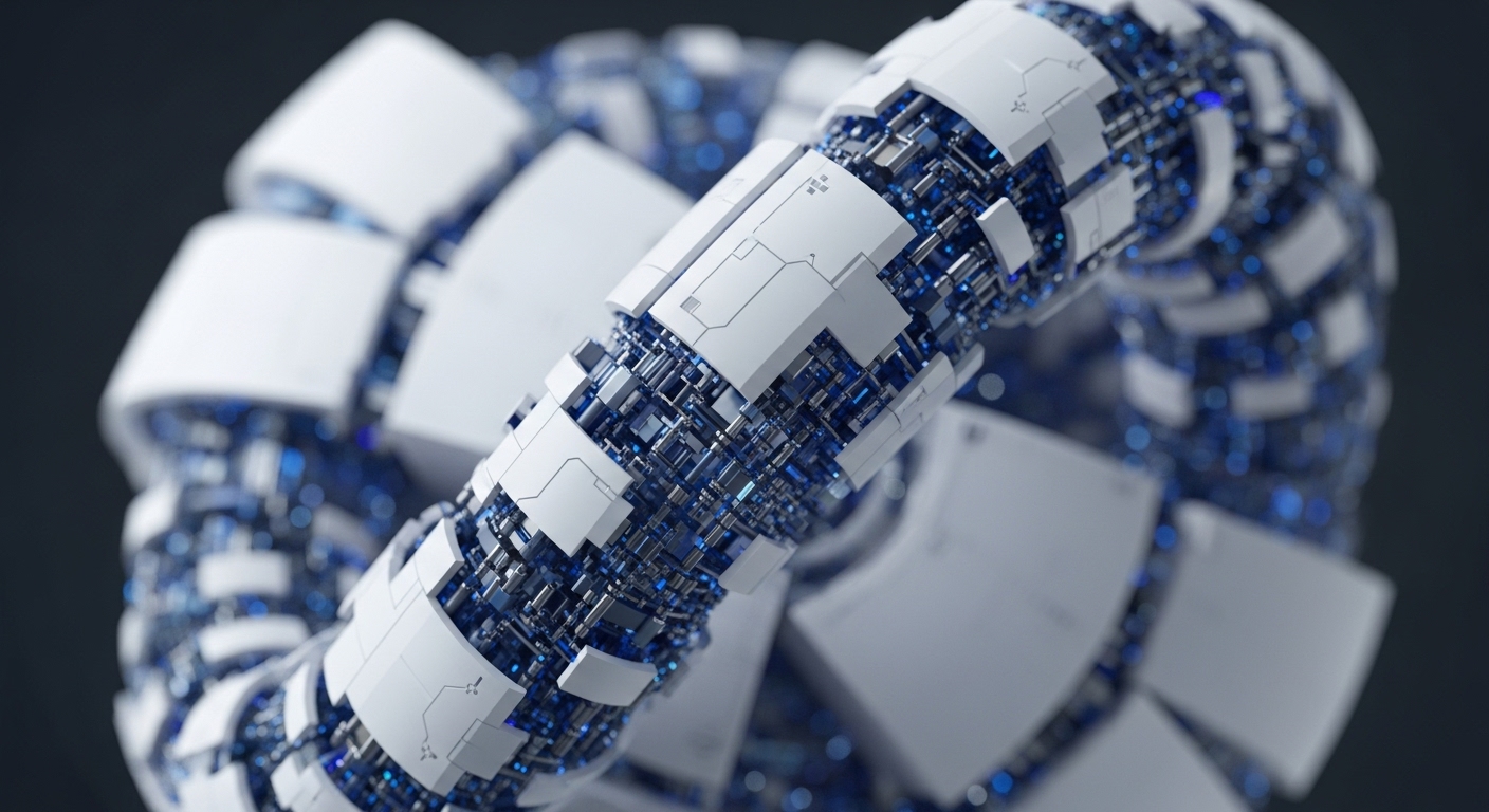 A segmented, toroidal structure features pristine white outer casings revealing an elaborate, glowing blue internal framework. The core components are a dense array of metallic and luminous blue elements, implying sophisticated transaction processing within a high-tech system