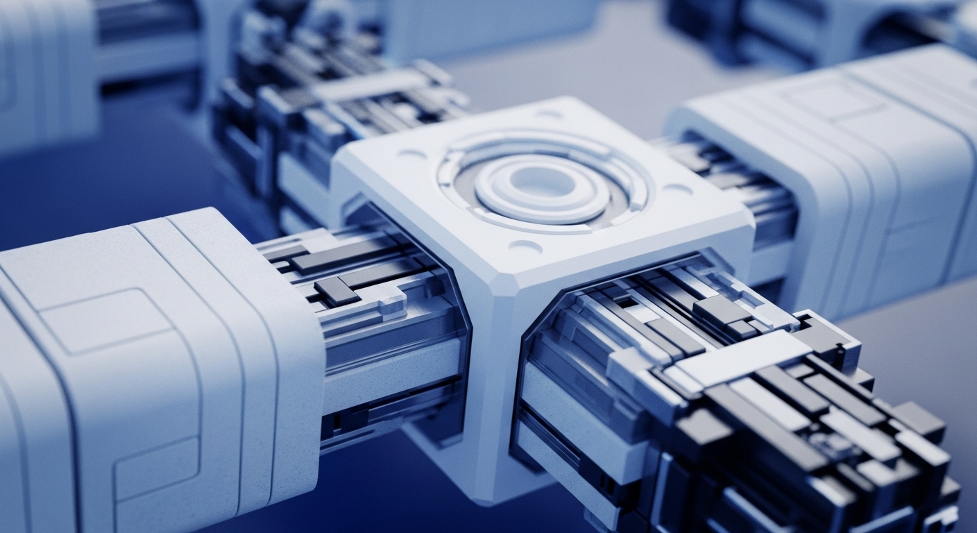 A central white square module acts as a hub, connecting to multiple radiating arms composed of intricate internal circuitry and block-like structures. The clean, futuristic design features shades of white, light grey, and blue, creating a sense of advanced technological interconnectedness