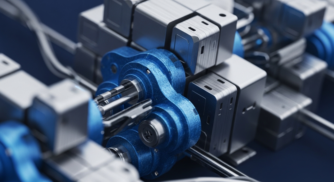 A close-up reveals an intricate assembly of silver modular computing units and prominent blue mechanical components, interconnected by various rods and wires. The shallow depth of field highlights the central blue mechanism, emphasizing the precision engineering of this complex system