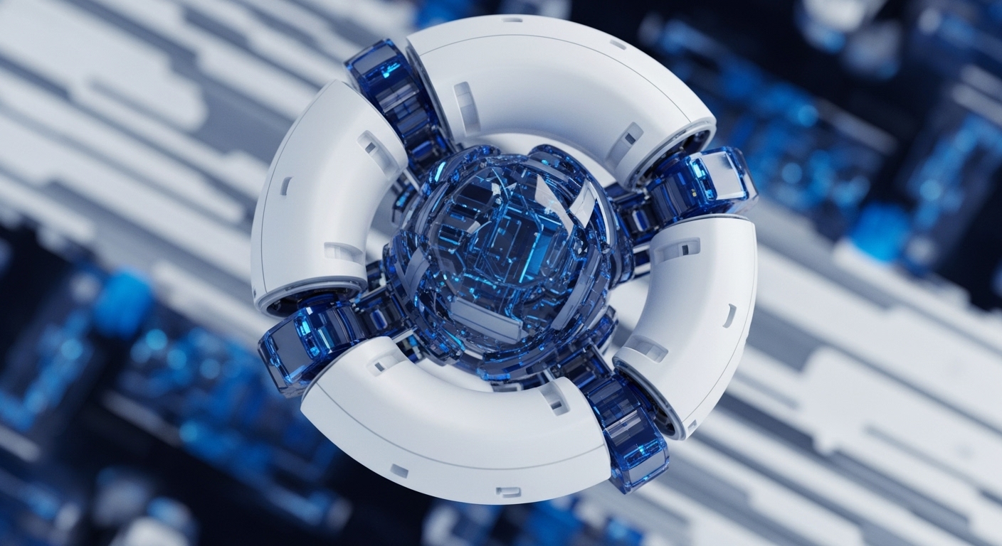 A highly detailed, spherical mechanism with a transparent blue core is encircled by white, segmented outer components. Translucent blue connectors link these segments, revealing intricate internal structures suggestive of advanced digital processing