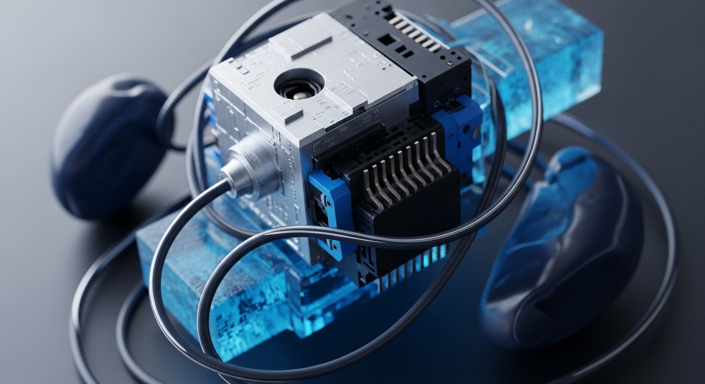 A highly detailed, modular computing unit, featuring silver, black, and blue components, is centrally positioned. It displays various ports, pins, and a textured surface, indicating advanced electronic functionality