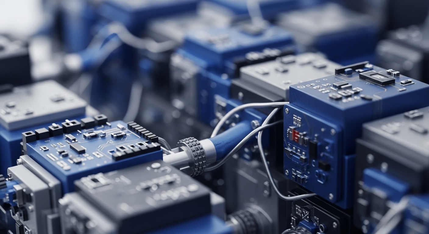 An intricate network of interconnected blue and grey cuboid modules forms a robust decentralized network infrastructure. Visible printed circuit boards on modules display numerous surface-mount components and data pathways, indicative of on-chain processing. Robust cables facilitate interoperability protocols and cross-chain communication between these validator nodes. This modular design supports scalable blockchain architecture and efficient transaction validation, essential for distributed ledger technology operations and cryptographic hashing computations, ensuring data integrity within Web3 infrastructure.