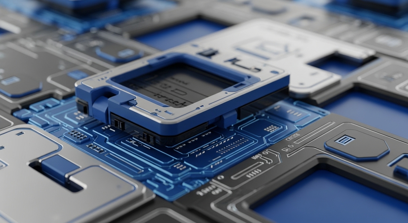 A close-up view reveals a futuristic, modular computing system featuring prominent blue circuit pathways and metallic grey components. A central processing unit with a display shows digital data, resembling a transaction hash or smart contract execution details