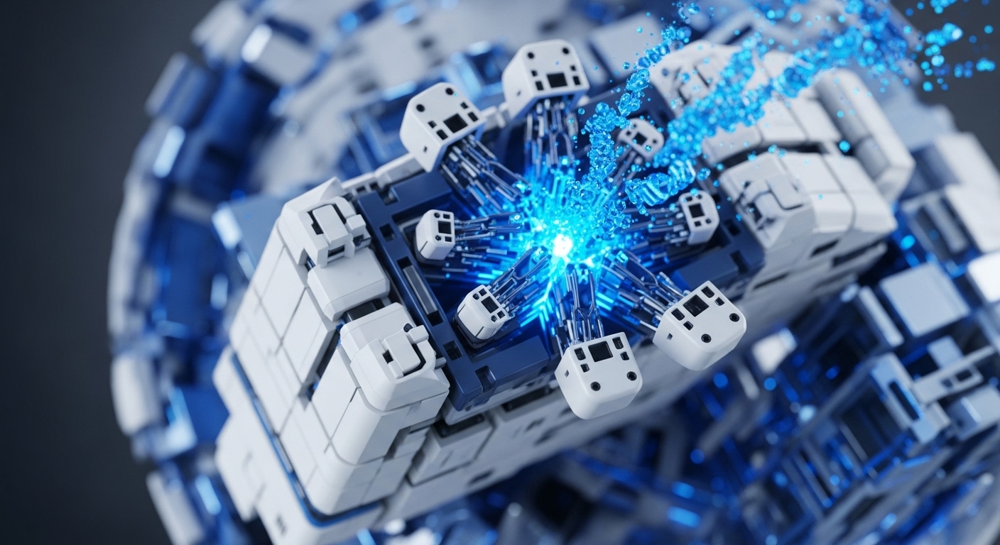 A central glowing blue energy core radiates data streams, dynamically connecting numerous white modular nodes. Blue light particles burst outwards, illustrating a high-throughput data flow across the system