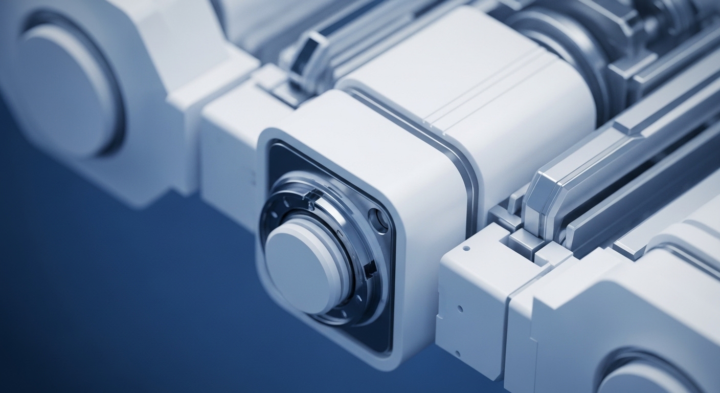 A close-up view highlights a pristine, white and metallic modular mechanism, featuring interlocking components and a central circular interface. The deep blue background provides a stark contrast, emphasizing the intricate details of the polished silver elements and smooth, rounded white casings