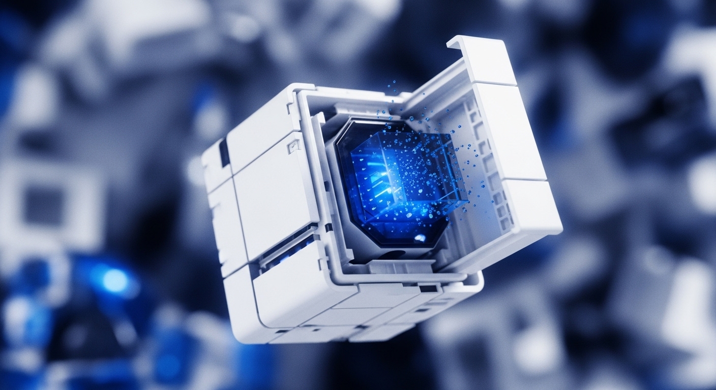 A striking visual features a white, futuristic modular cube, with its upper section partially open, revealing a vibrant blue, glowing internal mechanism. This central component emanates small, bright particles, set against a softly blurred, blue-toned background suggesting a digital or ethereal environment