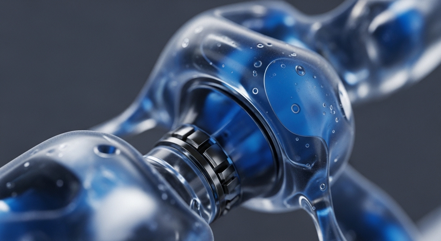 Translucent, fluid-filled modules are intricately connected by dark, metallic, segmented rings against a muted background. Each clear segment contains a vibrant blue liquid with visible bubbles, suggesting dynamic internal processes and flow