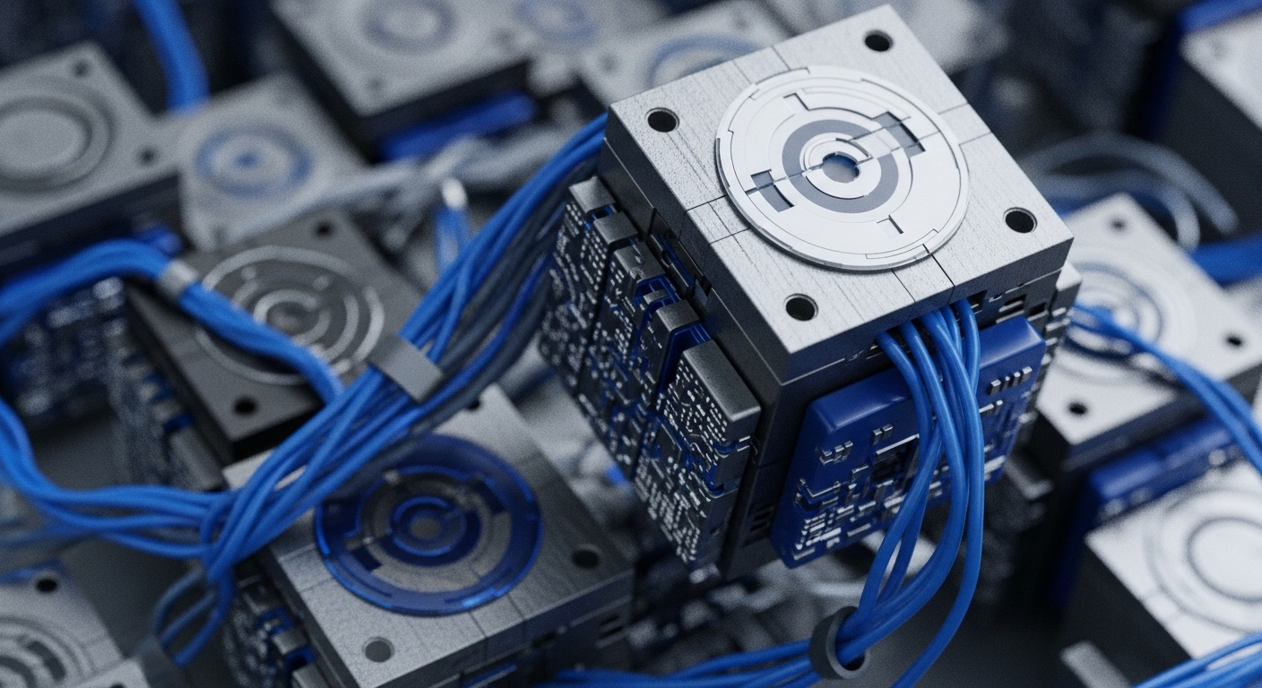 The image features multiple metallic, cubic modules interconnected by bright blue cables, with a central module prominently in focus. Each cube exhibits intricate circuit board detailing on its exposed sides and a distinct circular technological design on its top surface