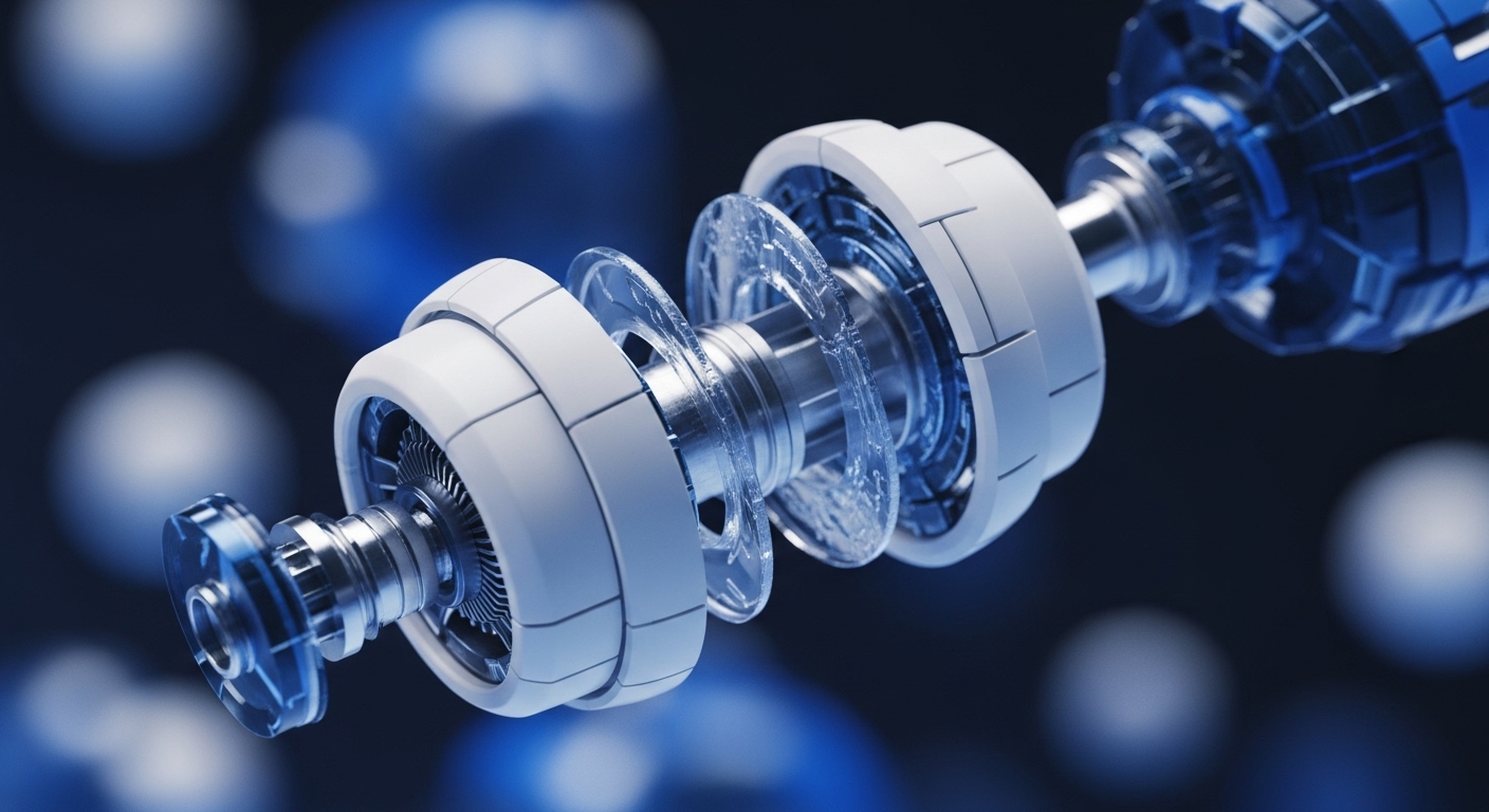 A disassembled technical apparatus, composed of white and transparent blue elements, is depicted against a blurred dark blue background with glowing orbs. The central focus is an elongated, modular structure with internal gears and transparent discs, suggesting a complex, precision-engineered system