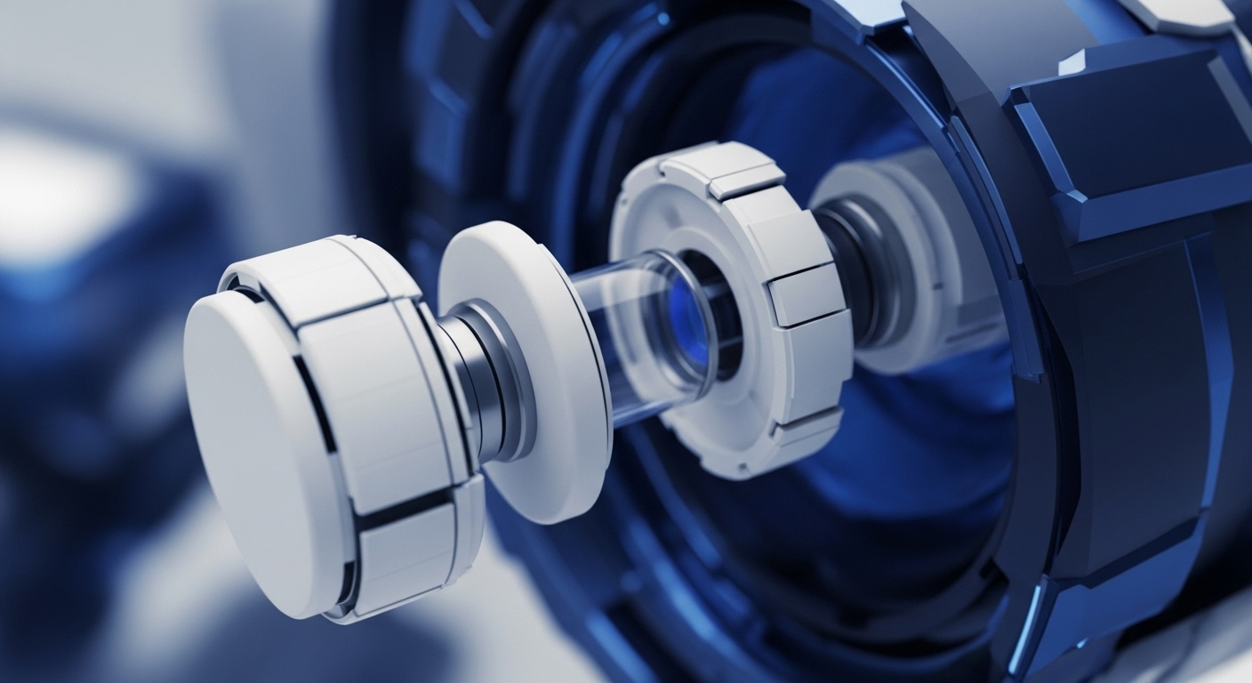 A detailed view of a sophisticated, modular mechanical assembly featuring white and dark blue segments. A central transparent cylinder, illuminated by a blue glow, serves as a focal point, connecting the various components