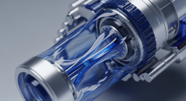 A sophisticated, transparent cylindrical module, central to a metallic and dark blue apparatus, displays dynamic blue and white fluidic patterns. Representing a high-performance blockchain architecture component, as an execution layer or validator node. Internal flow illustrates transaction validation and cryptographic hash function operations, crucial for data immutability and network security. Modular design suggests scalability solutions like sharding or layer-2 protocols, optimizing transaction throughput within a decentralized ledger, aligning with Proof of Stake mechanisms.