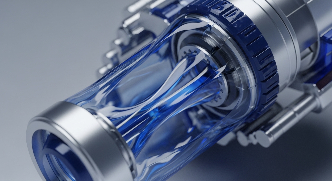 The image captures a close-up of a high-tech, cylindrical component featuring a transparent chamber filled with dynamically swirling blue and white patterns. This module is integrated into a larger assembly of silver metallic and dark blue elements, showcasing intricate engineering and a futuristic design