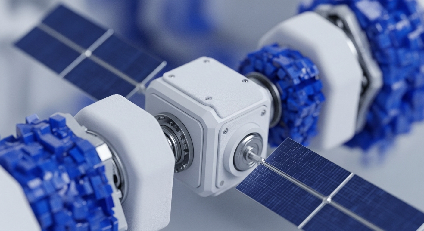A detailed view presents a futuristic, modular blockchain infrastructure. White cubic core units, possibly representing execution layers or data availability layers, are interconnected by robust metallic joints. Surrounding these linkages are intricate blue granular components, visually evoking aggregated data packets or tokenized assets flowing through a distributed ledger. Attached are dark blue solar array panels, symbolizing on-chain data feeds or oracle networks powering the decentralized network. This intricate design illustrates advanced cross-chain communication and sharding protocols, emphasizing scalable throughput within a Web3 ecosystem.