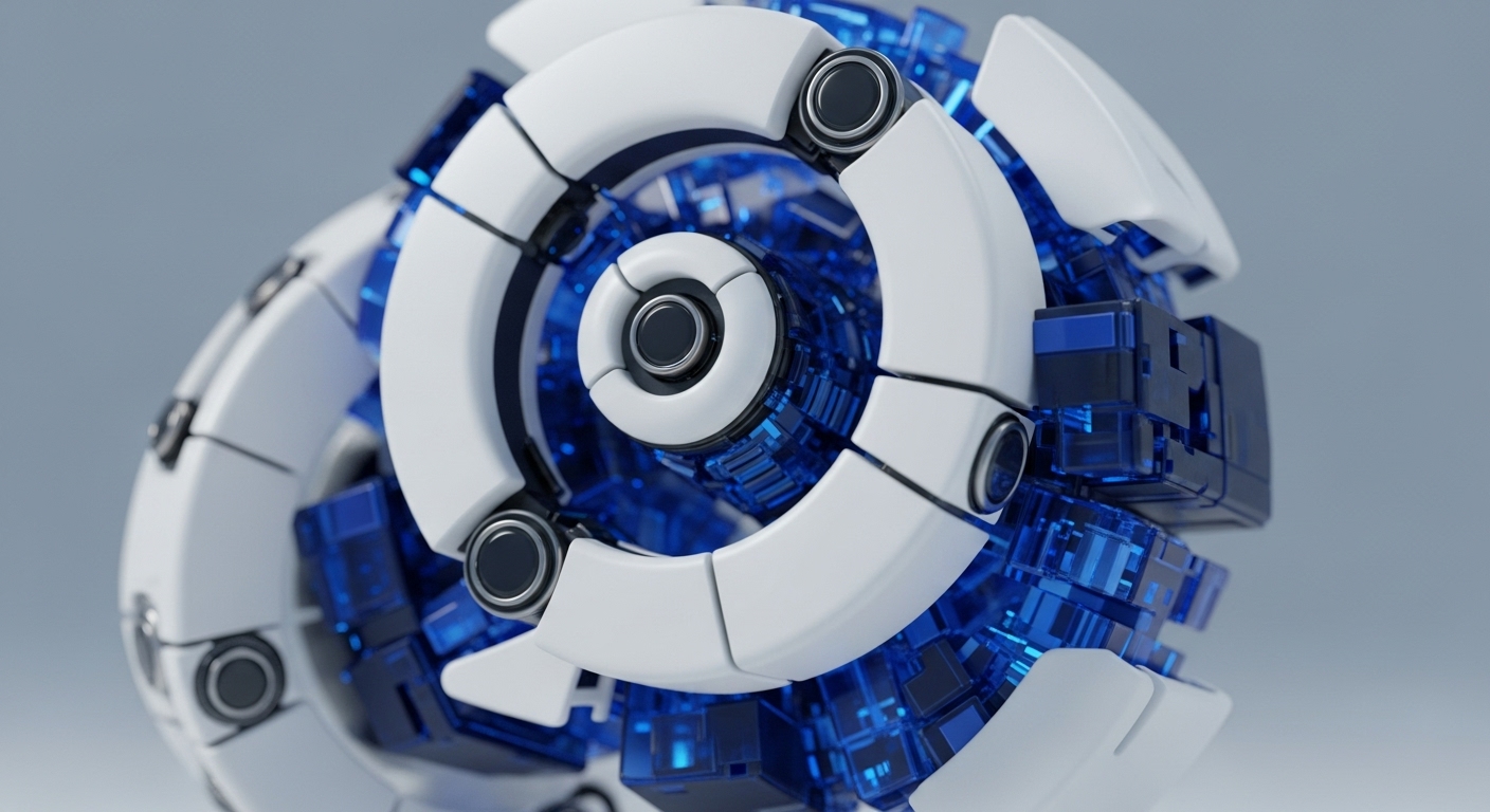 A complex, spherical mechanical object with a white segmented exterior and a transparent blue internal structure is prominently displayed against a light gray background. Intricate components, including circular elements and rectangular blocks, are visible, highlighting its sophisticated modular design and precision engineering