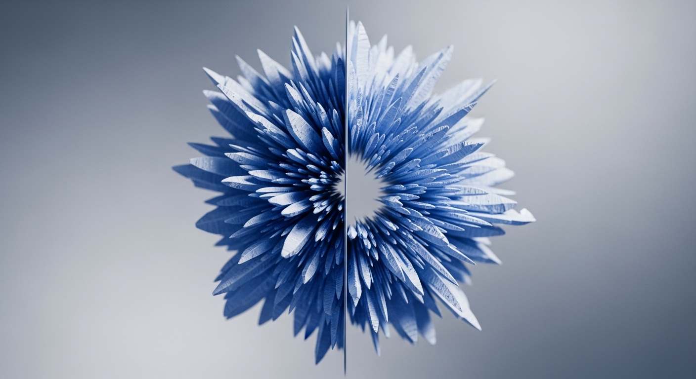 A vibrant blue, spiky, flower-like form is centrally positioned against a soft grey background, precisely split down its vertical axis. The object's surface features numerous sharp, textured protrusions, creating a sense of depth and intricate detail, reminiscent of crystalline growth