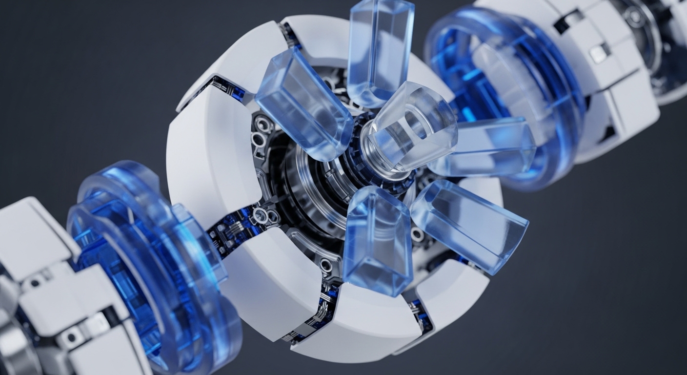A detailed, close-up rendering showcases a sophisticated mechanical assembly, featuring a central spherical core surrounded by segmented white panels and numerous translucent blue, crystal-like modules. Visible internal metallic components and intricate wiring suggest a high-tech, precision-engineered system