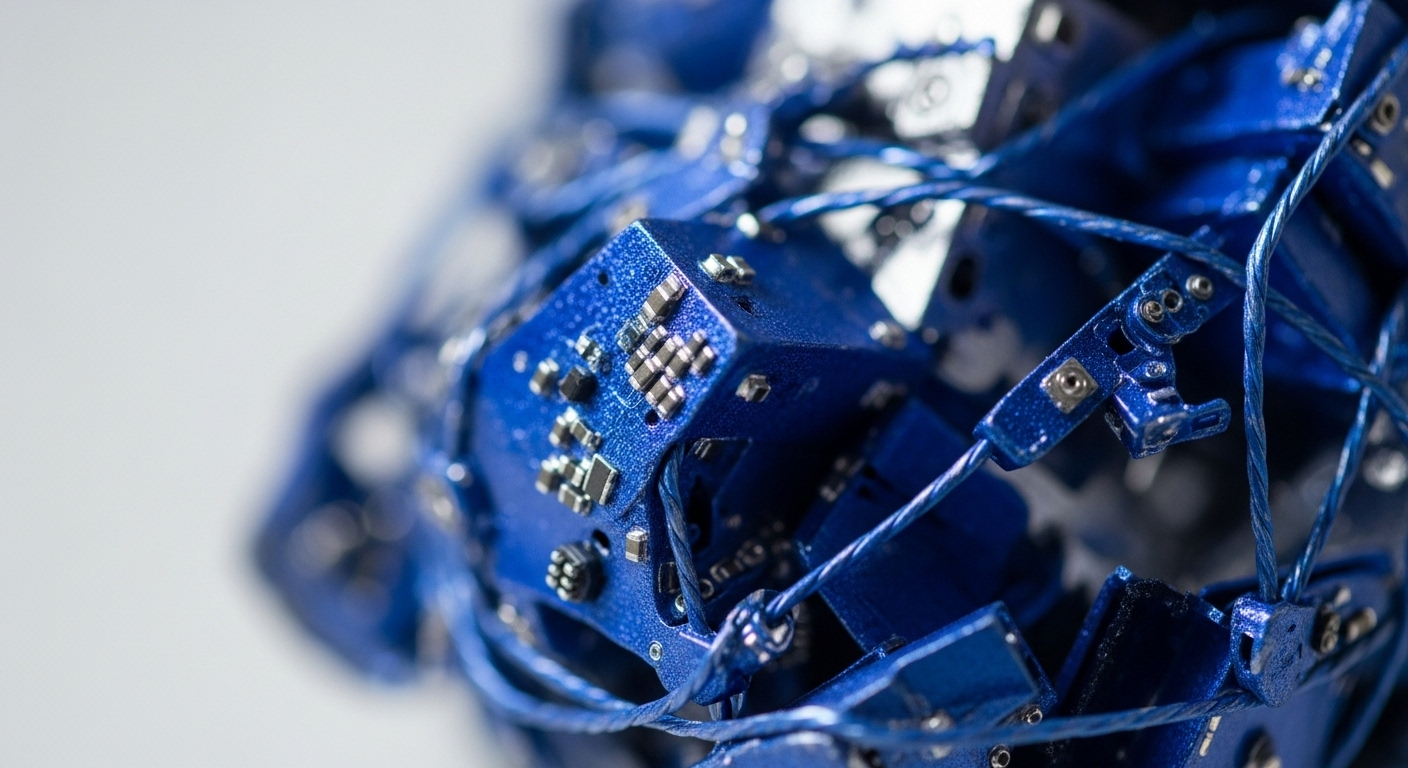 A macro view captures a dense assembly of interconnected blue metallic cubic modules, each adorned with numerous silver surface-mounted electronic components. Braided blue cables intricately link these modules, forming a complex, interwoven structure against a softly blurred white background