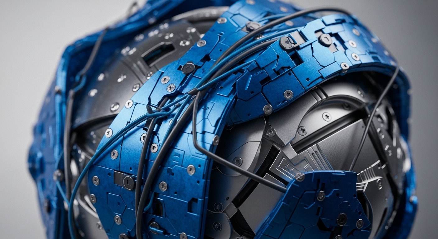 The image displays a highly detailed, metallic spherical device, featuring segmented blue and silver components intricately connected by various cables. Its robust design suggests a core mechanism for secure digital operations