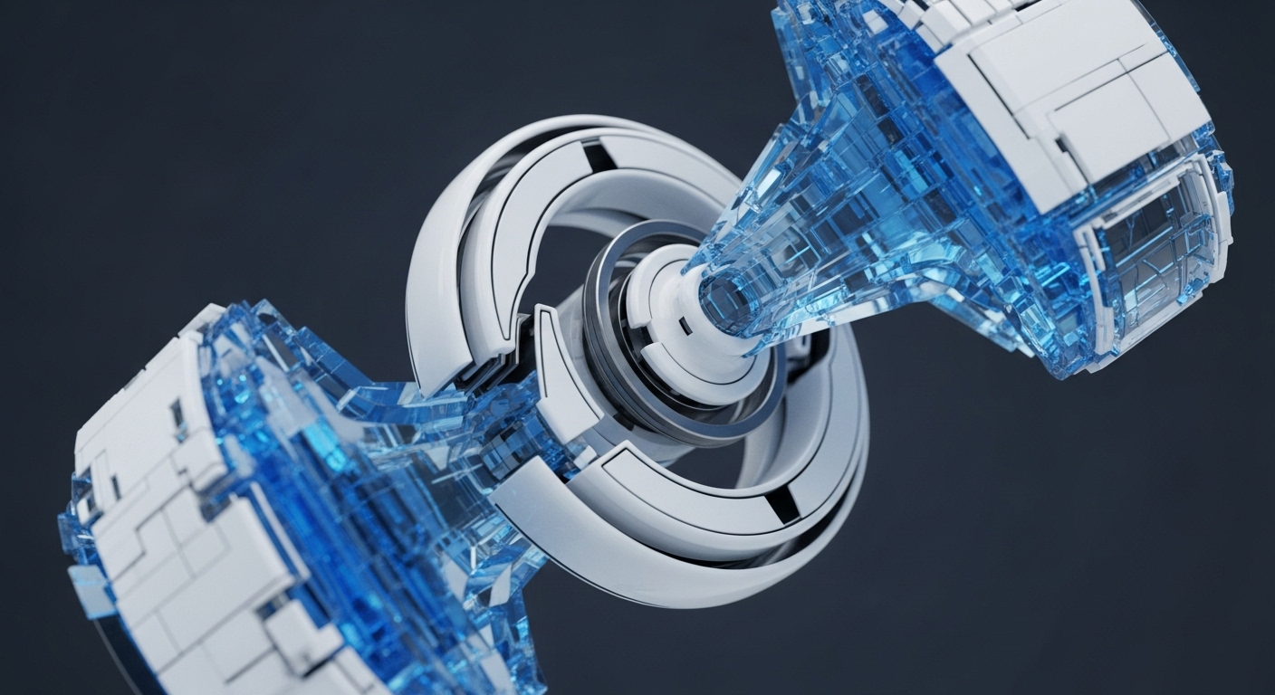A visually striking abstract render displays a central, multi-layered mechanical core in metallic white and gray, flanked by two identical, angular structures extending outwards. These peripheral components feature white paneling and transparent, crystalline blue interiors, revealing intricate grid-like patterns and glowing elements