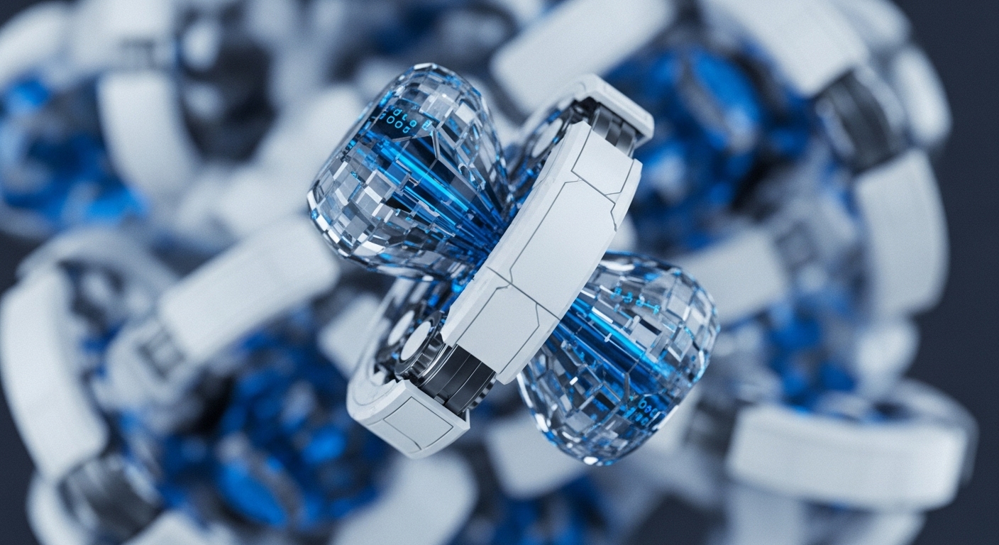 The image presents a striking abstract visualization of interconnected technological units, dominated by a central, clearly defined structure. This primary unit features two transparent, faceted spheres glowing with blue light and intricate internal patterns, joined by a clean white mechanical connector