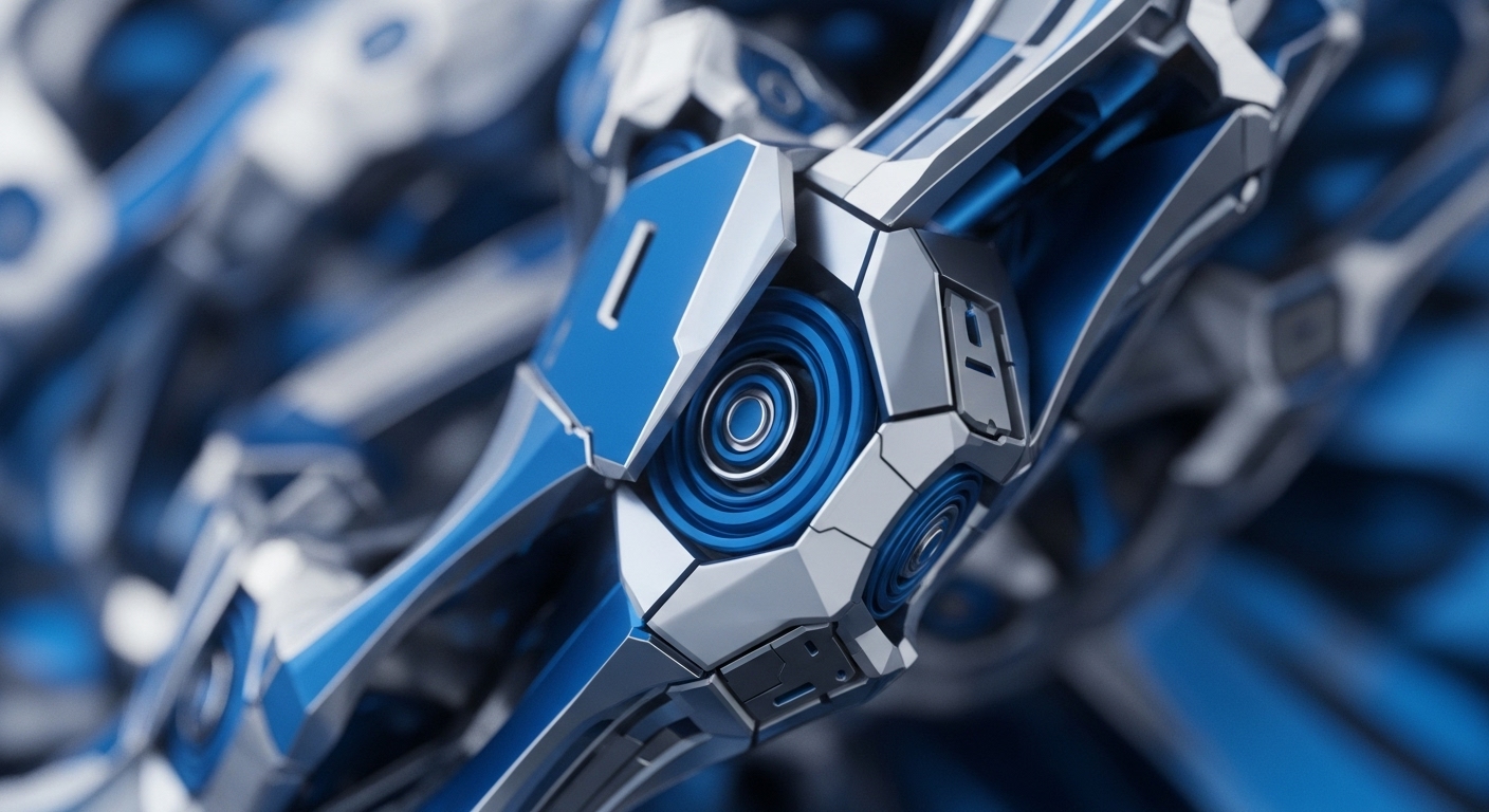 The image presents a detailed view of a futuristic, angular mechanism, predominantly in metallic blue and silver tones, showcasing complex interlocking plates and circular, layered elements. The sharp focus highlights the intricate engineering and reflective surfaces of this advanced structure
