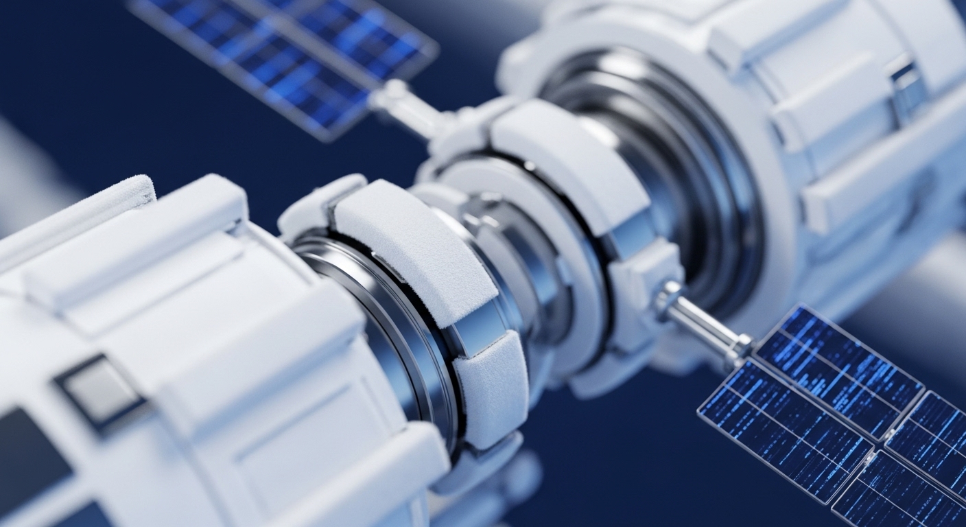A detailed close-up reveals a sophisticated, modular white structure, resembling high-tech decentralized autonomous organization DAO infrastructure. Metallic protocol connection points articulate between distinct layer-2 scaling solution segments, highlighting seamless interoperability. Textured white panels suggest robust blockchain security and immutable ledger integrity. Blue grid-patterned elements, akin to sustainable blockchain energy generation via proof-of-stake PoS mechanisms, extend from the body, emphasizing environmental sustainability in Web3 development. The deep blue background reinforces a distributed network operating environment, indicative of global adoption potential.